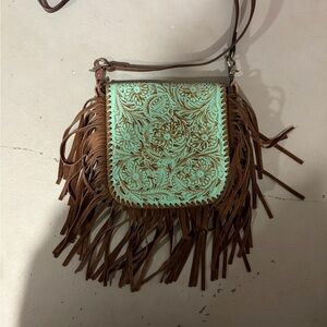 Brown and Turquoise Fringe Crossbody Bag